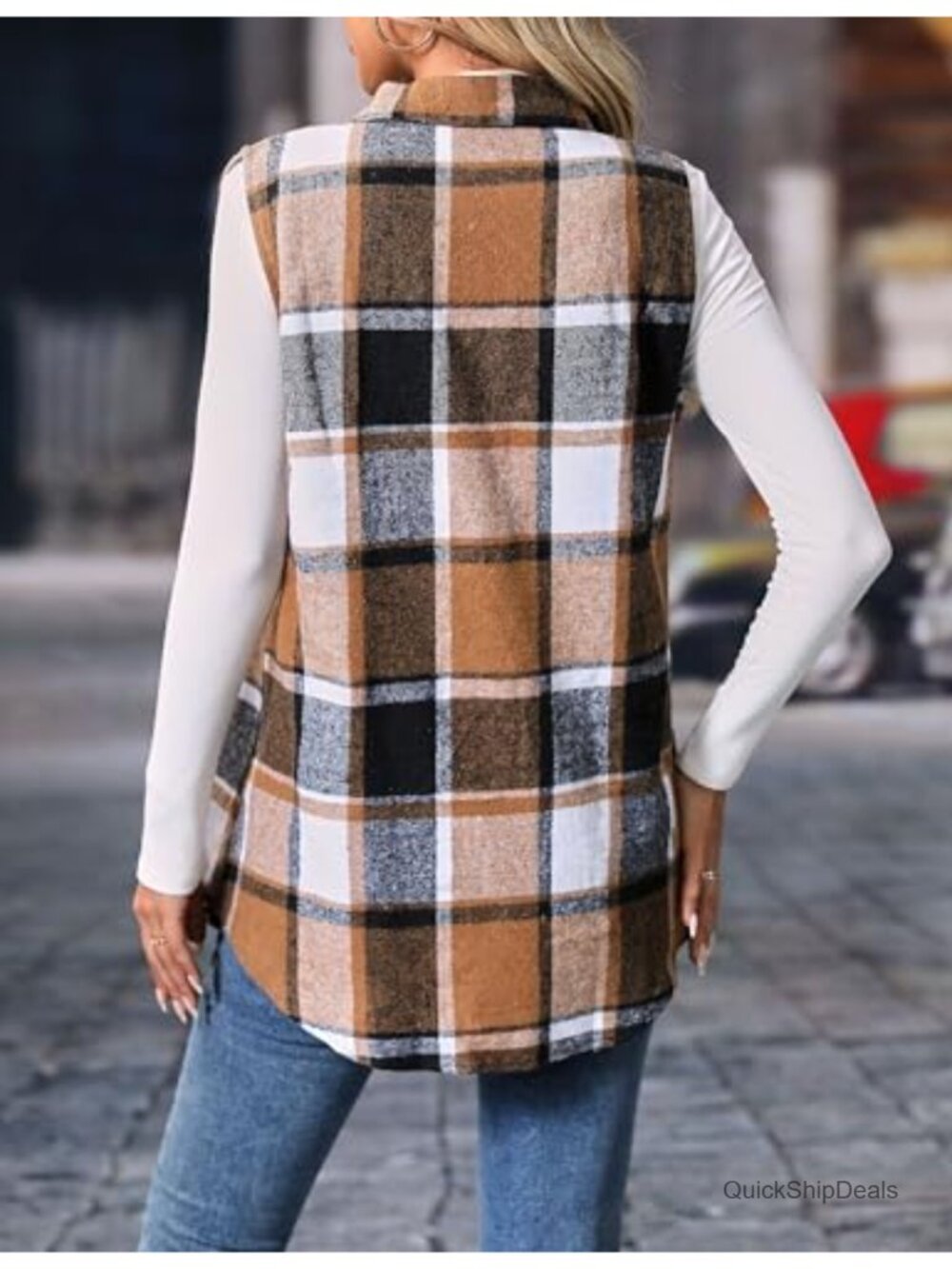 Flannel Plaid Vest Button Down Sleeveless Shacket Shirt Jacket for Women - Picture 6 of 6